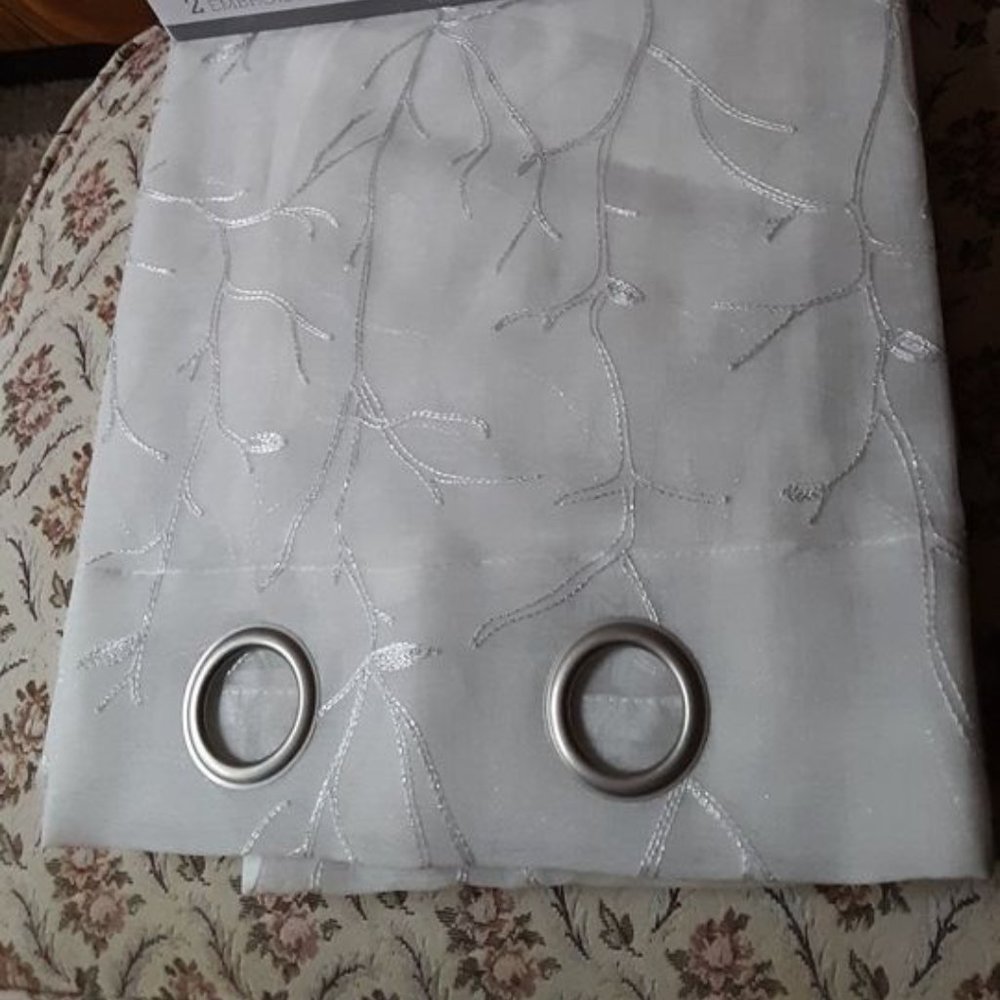 2 COVELO 38W x 84L White Embroidered GROMMET Sheer Curtains